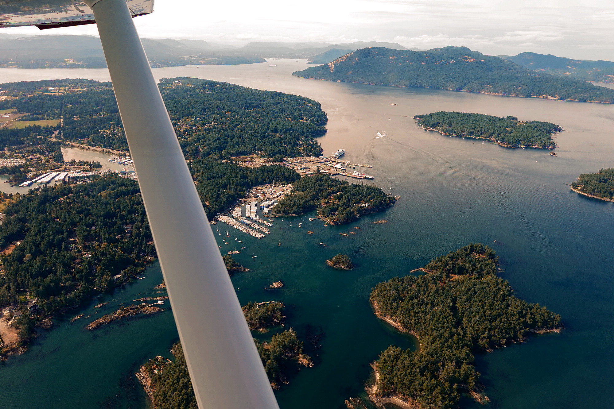 A view of Swartz Bay Ferry Terminal on our climb-out from Victoria International Airport
