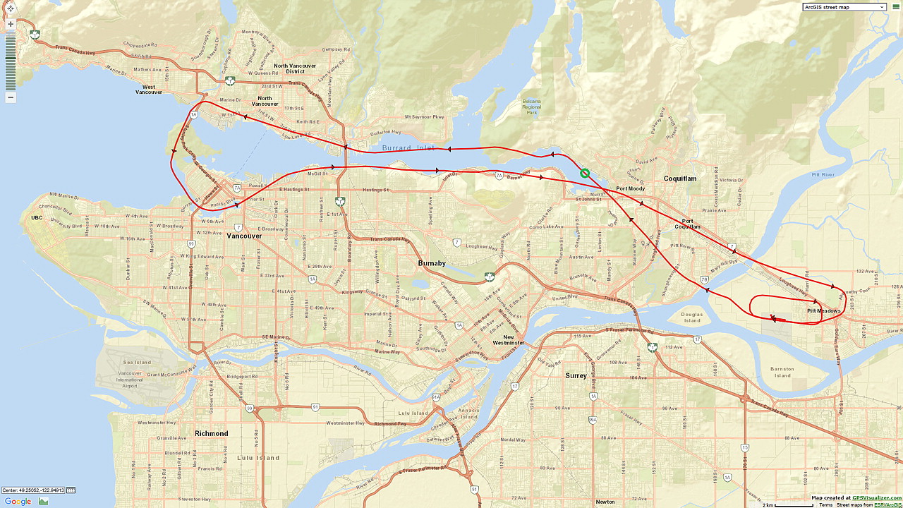 The complete Flight Path - the green circle is where Charlie took over flying